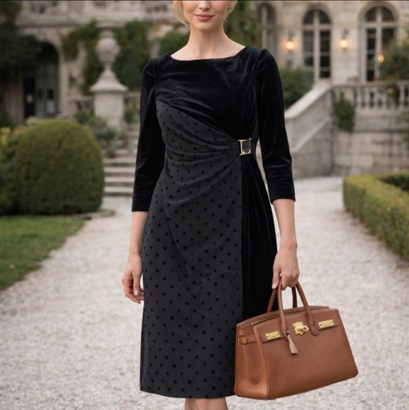 Velvet Polka Dots Black Dress Tahari Side Ruched Party Office Siren Dress 6P - Picture 11 of 11